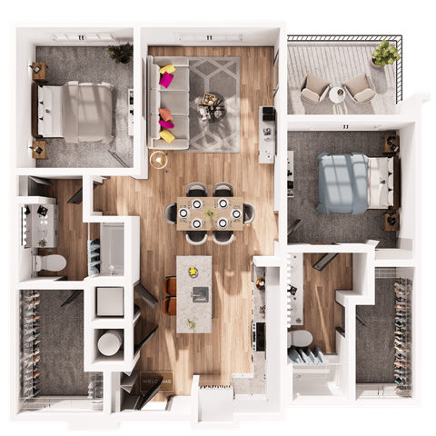 a 3d drawing of a bedroom with a living room and a dining room